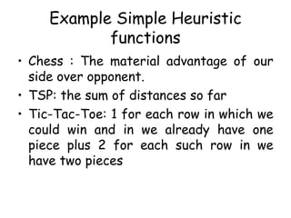 Example Simple Heuristic
functions
• Chess : The material advantage of our
side over opponent.
• TSP: the sum of distances so far
• Tic-Tac-Toe: 1 for each row in which we
could win and in we already have one
piece plus 2 for each such row in we
have two pieces
 