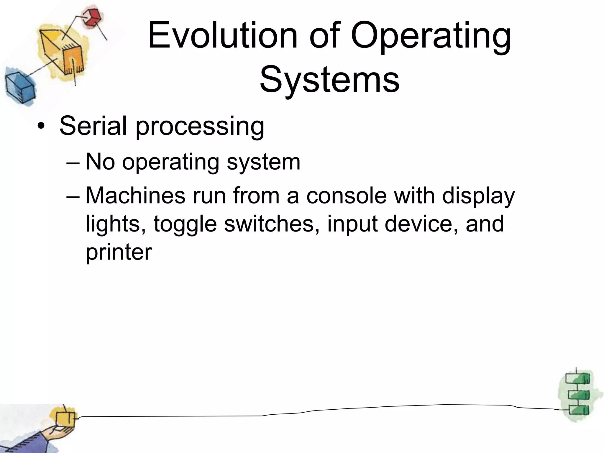 Evolution of Operating
Systems
• Serial processing
– No operating system
– Machines run from a console with display
lights, toggle switches, input device, and
printer
 