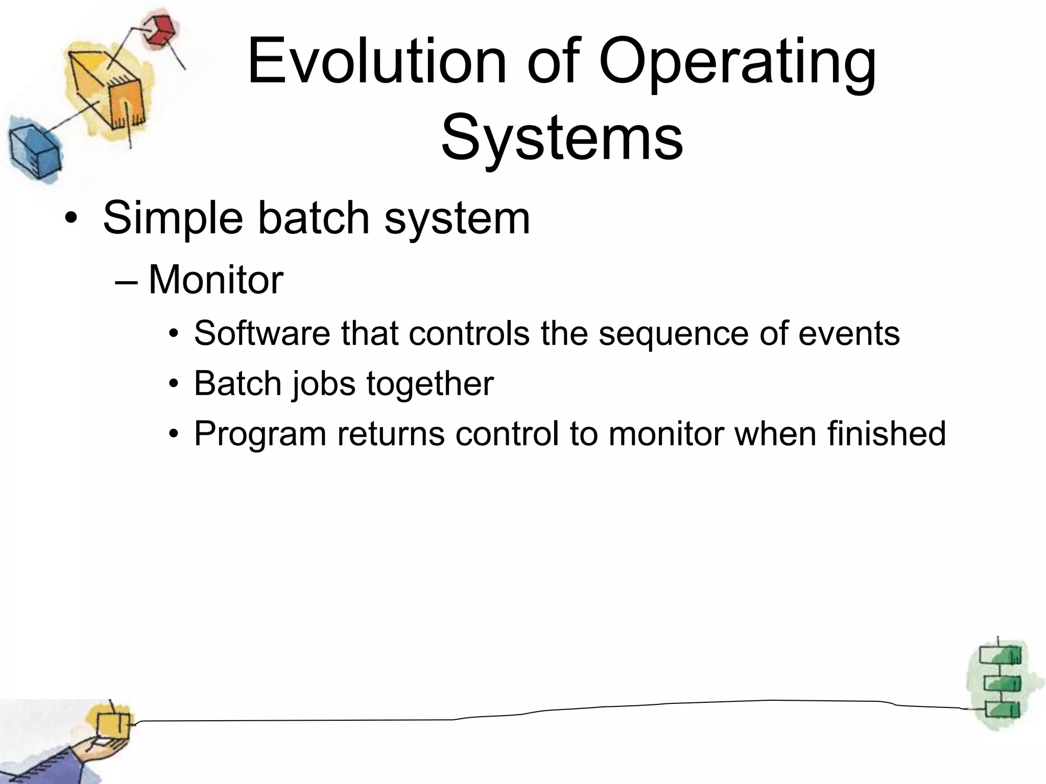 Evolution of Operating
Systems
• Simple batch system
– Monitor
• Software that controls the sequence of events
• Batch jobs together
• Program returns control to monitor when finished
 