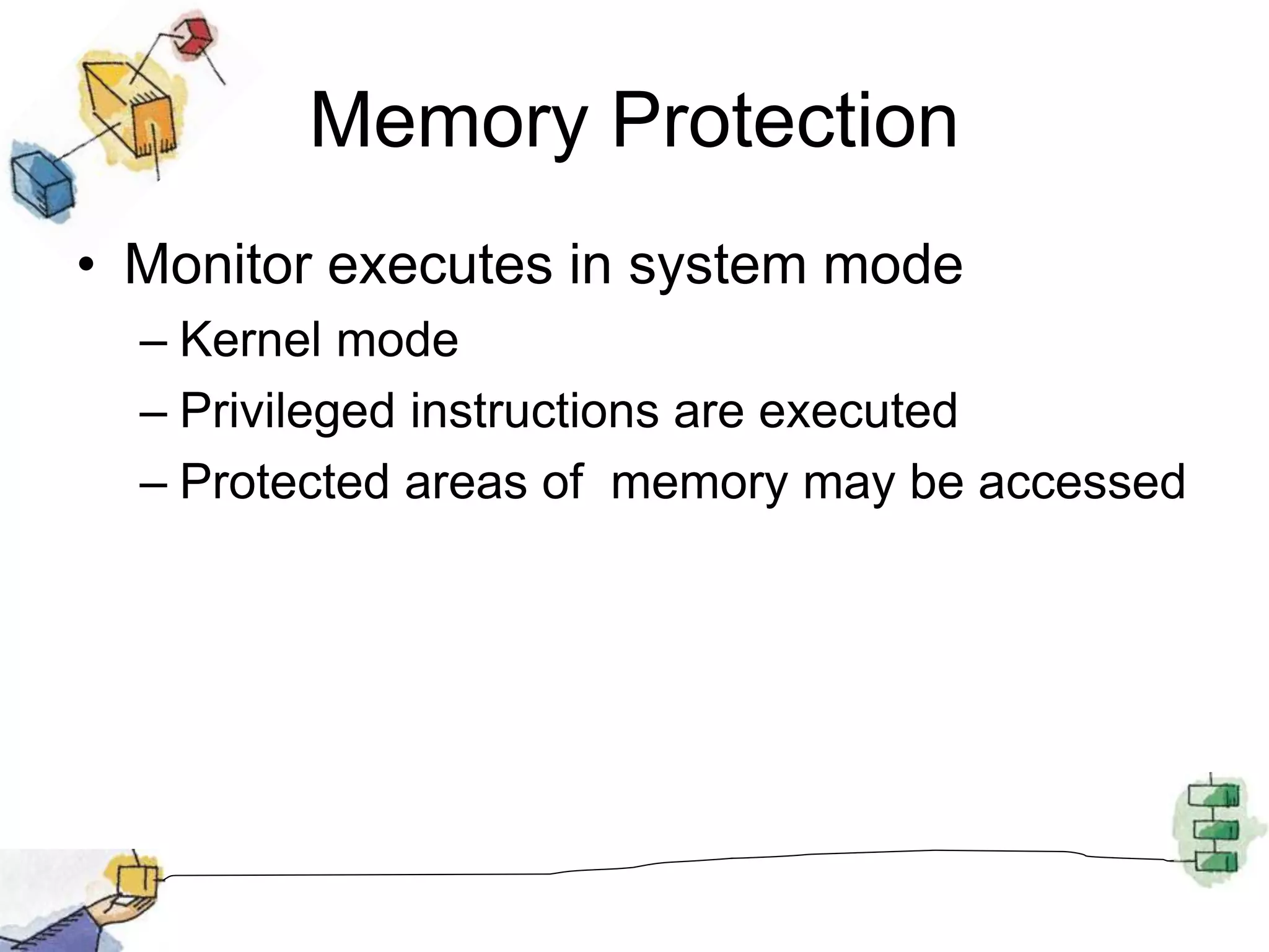 Memory Protection
• Monitor executes in system mode
– Kernel mode
– Privileged instructions are executed
– Protected areas of memory may be accessed
 