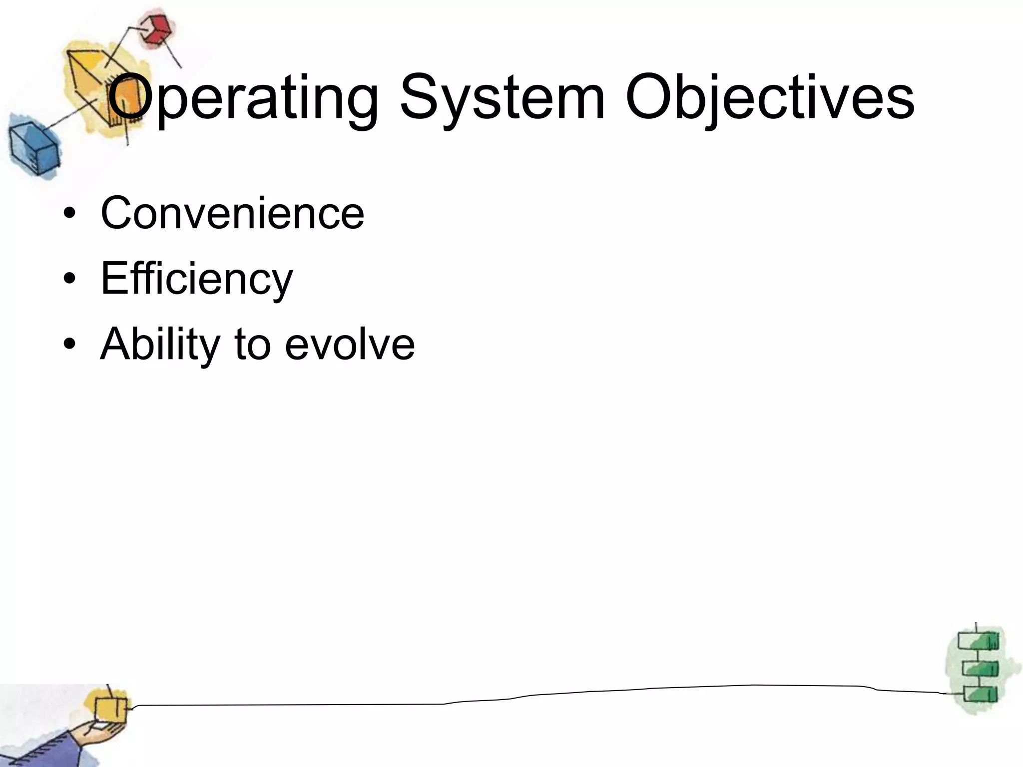 Operating System Objectives
• Convenience
• Efficiency
• Ability to evolve
 