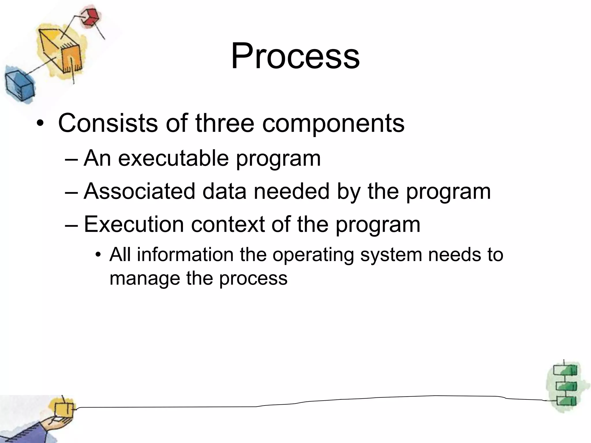 Process
• Consists of three components
– An executable program
– Associated data needed by the program
– Execution context of the program
• All information the operating system needs to
manage the process
 