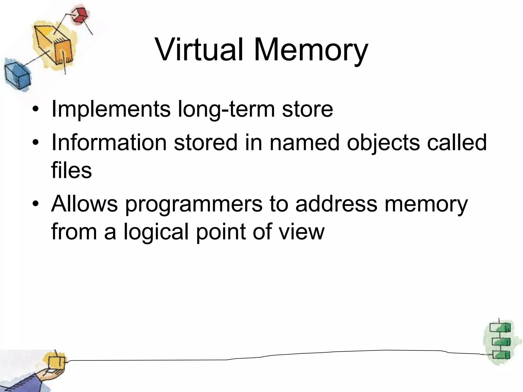 Virtual Memory
• Implements long-term store
• Information stored in named objects called
files
• Allows programmers to address memory
from a logical point of view
 
