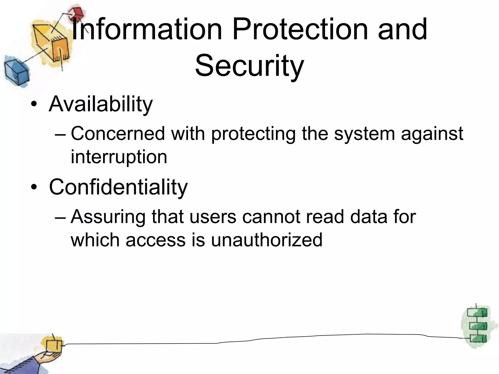 Information Protection and
Security
• Availability
– Concerned with protecting the system against
interruption
• Confidentiality
– Assuring that users cannot read data for
which access is unauthorized
 