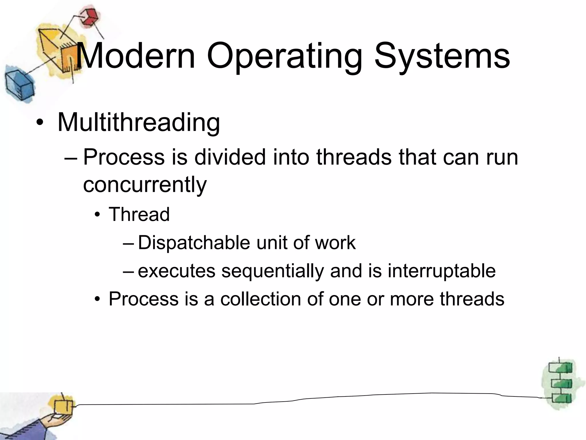 Modern Operating Systems
• Multithreading
– Process is divided into threads that can run
concurrently
• Thread
– Dispatchable unit of work
– executes sequentially and is interruptable
• Process is a collection of one or more threads
 