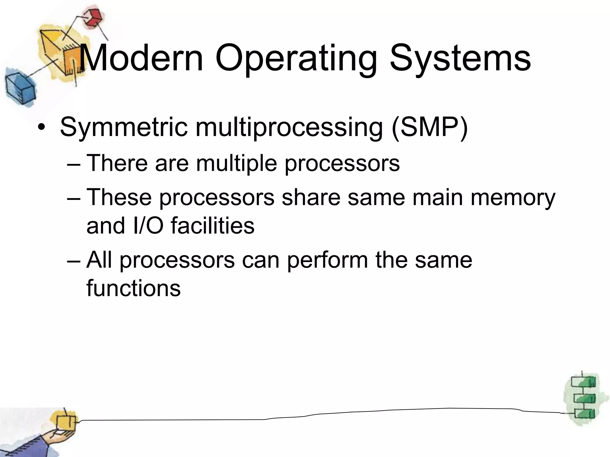 Modern Operating Systems
• Symmetric multiprocessing (SMP)
– There are multiple processors
– These processors share same main memory
and I/O facilities
– All processors can perform the same
functions
 