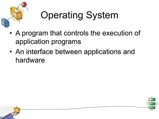 Operating System
• A program that controls the execution of
application programs
• An interface between applications and
hardware
 