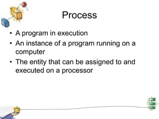 Process
• A program in execution
• An instance of a program running on a
computer
• The entity that can be assigned to and
executed on a processor
 