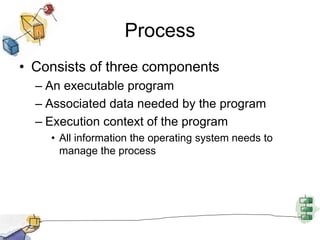 Process
• Consists of three components
– An executable program
– Associated data needed by the program
– Execution context of the program
• All information the operating system needs to
manage the process
 
