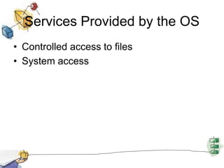 Services Provided by the OS
• Controlled access to files
• System access
 