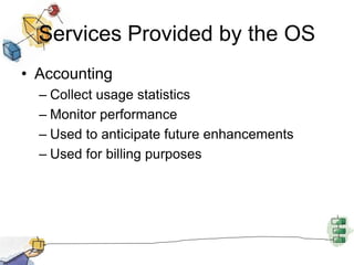 Services Provided by the OS
• Accounting
– Collect usage statistics
– Monitor performance
– Used to anticipate future enhancements
– Used for billing purposes
 