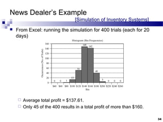 News Dealer’s Example
[Simulation of Inventory Systems]
 From Excel: running the simulation for 400 trials (each for 20
days)
 Average total profit = $137.61.
 Only 45 of the 400 results in a total profit of more than $160.
34
 