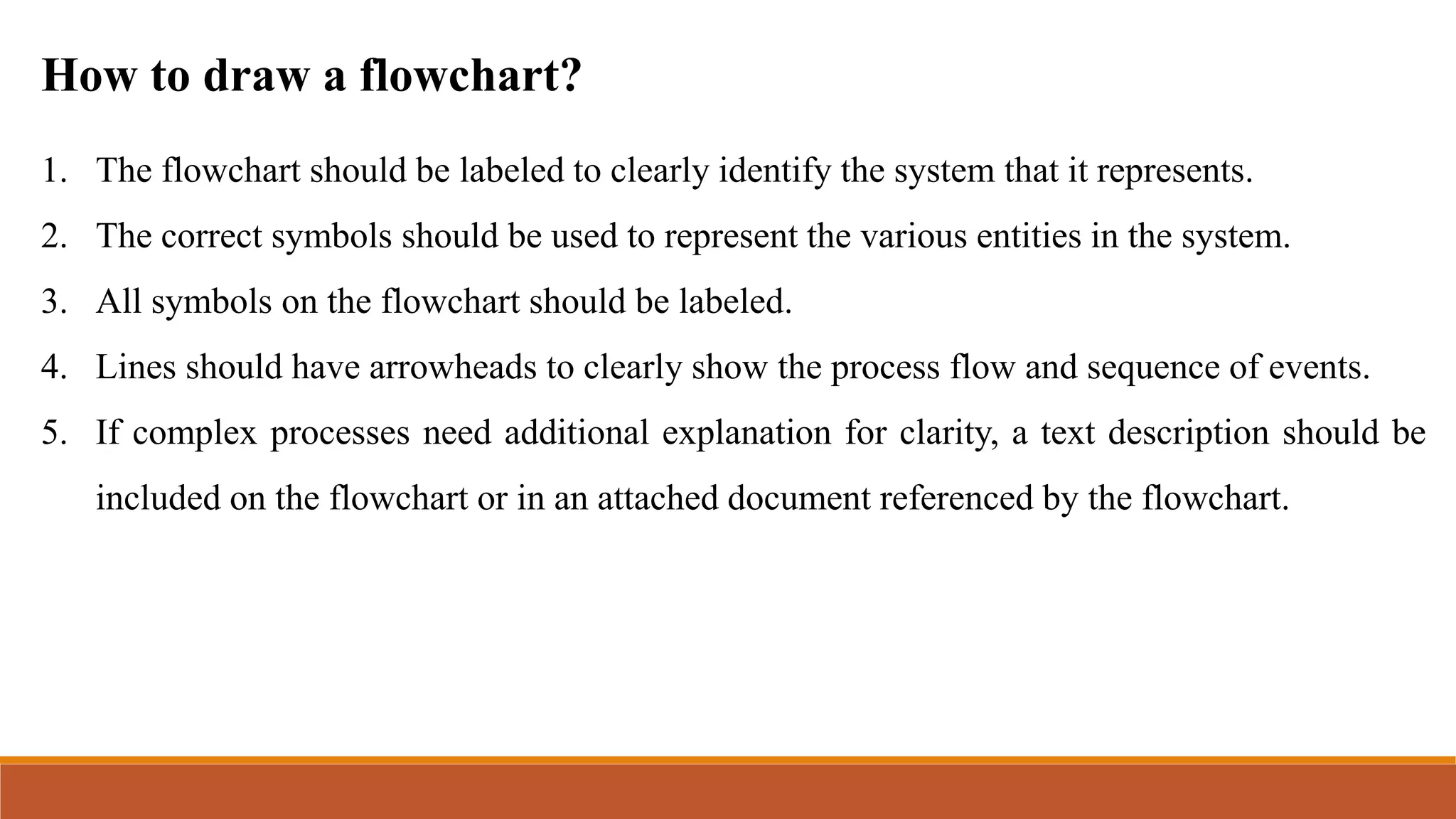 How to draw a flowchart?
1. The flowchart should be labeled to clearly identify the system that it represents.
2. The correct symbols should be used to represent the various entities in the system.
3. All symbols on the flowchart should be labeled.
4. Lines should have arrowheads to clearly show the process flow and sequence of events.
5. If complex processes need additional explanation for clarity, a text description should be
included on the flowchart or in an attached document referenced by the flowchart.
 