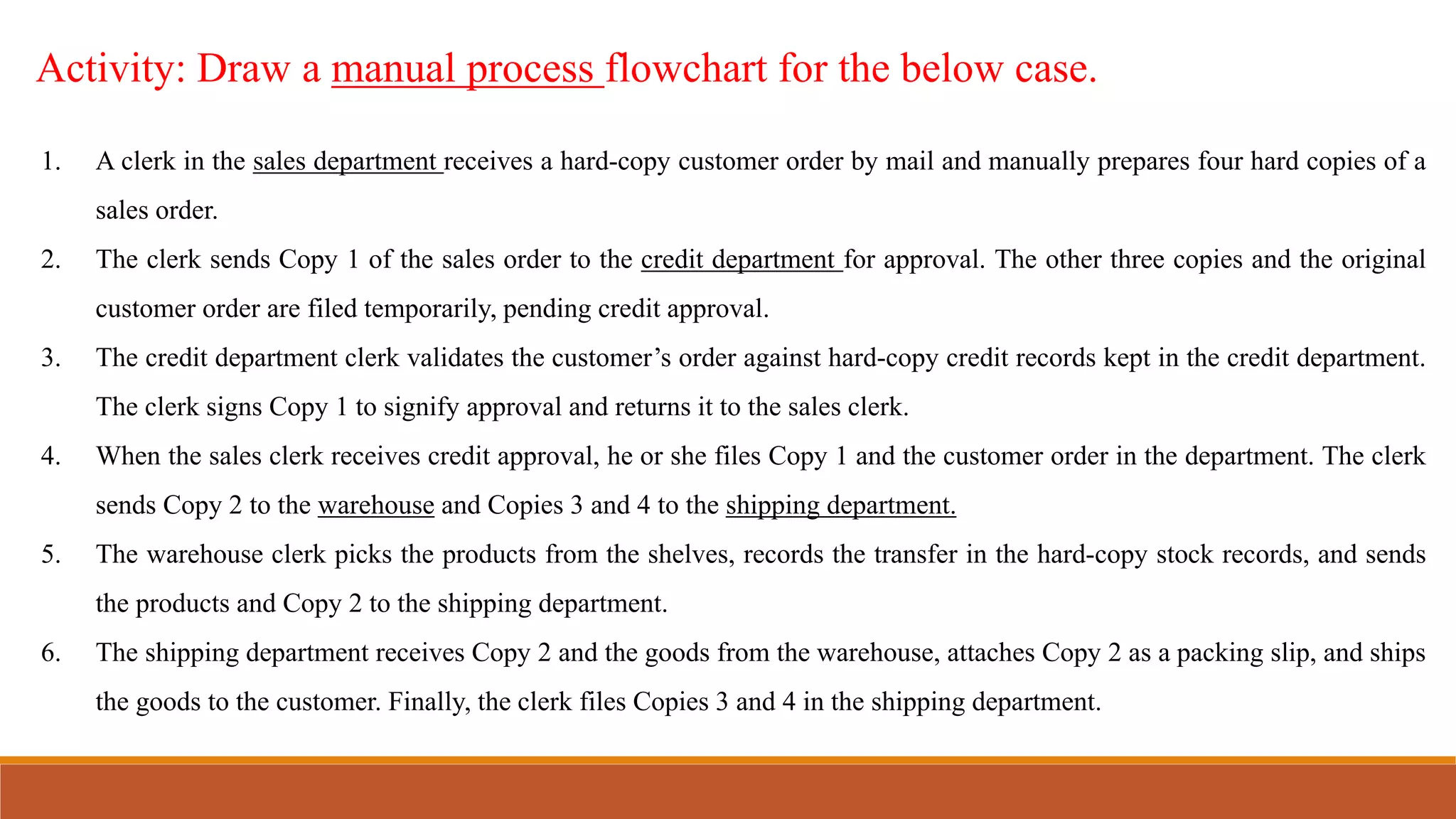 Activity: Draw a manual process flowchart for the below case.
1. A clerk in the sales department receives a hard-copy customer order by mail and manually prepares four hard copies of a
sales order.
2. The clerk sends Copy 1 of the sales order to the credit department for approval. The other three copies and the original
customer order are filed temporarily, pending credit approval.
3. The credit department clerk validates the customer’s order against hard-copy credit records kept in the credit department.
The clerk signs Copy 1 to signify approval and returns it to the sales clerk.
4. When the sales clerk receives credit approval, he or she files Copy 1 and the customer order in the department. The clerk
sends Copy 2 to the warehouse and Copies 3 and 4 to the shipping department.
5. The warehouse clerk picks the products from the shelves, records the transfer in the hard-copy stock records, and sends
the products and Copy 2 to the shipping department.
6. The shipping department receives Copy 2 and the goods from the warehouse, attaches Copy 2 as a packing slip, and ships
the goods to the customer. Finally, the clerk files Copies 3 and 4 in the shipping department.
 