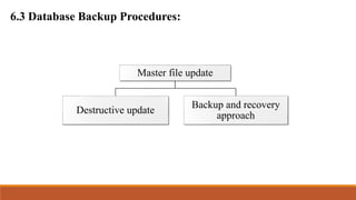 6.3 Database Backup Procedures:
Master file update
Destructive update
Backup and recovery
approach
 