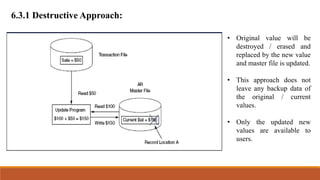 6.3.1 Destructive Approach:
• Original value will be
destroyed / erased and
replaced by the new value
and master file is updated.
• This approach does not
leave any backup data of
the original / current
values.
• Only the updated new
values are available to
users.
 