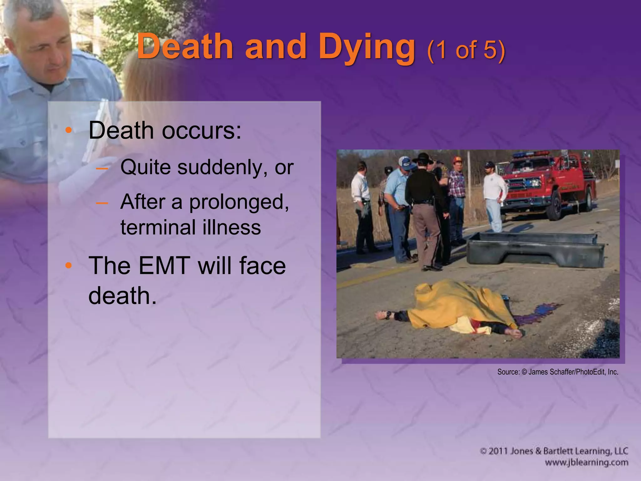 Death and Dying (1 of 5)
• Death occurs:
– Quite suddenly, or
– After a prolonged,
terminal illness
• The EMT will face
death.
Source: © James Schaffer/PhotoEdit, Inc.
 