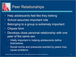 Peer Relationships

•   Help adolescents feel like they belong
•   School assumes important role
•   Belonging to a group is extremely important
•   Cliques form
•   Develops close personal relationship with one
    peer of the same sex
    – Vitally important in helping adolescents define
      themselves
    – Social norms and pressures exerted by peers may
      cause problems
Elsevier items and derived items © 2011, 2007, 2006 by Saunders, an imprint of Elsevier Inc.   21
 