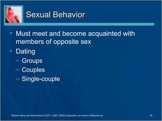 Sexual Behavior

• Must meet and become acquainted with
  members of opposite sex
• Dating
    – Groups
    – Couples
    – Single-couple




Elsevier items and derived items © 2011, 2007, 2006 by Saunders, an imprint of Elsevier Inc.   25
 