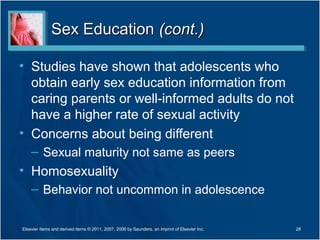 Sex Education (cont.)

• Studies have shown that adolescents who
  obtain early sex education information from
  caring parents or well-informed adults do not
  have a higher rate of sexual activity
• Concerns about being different
    – Sexual maturity not same as peers
• Homosexuality
    – Behavior not uncommon in adolescence


Elsevier items and derived items © 2011, 2007, 2006 by Saunders, an imprint of Elsevier Inc.   28
 