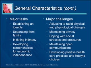 General Characteristics (cont.)

• Major tasks                                                   • Major challenges
     – Establishing an                                                – Adjusting to rapid physical
       identity                                                         and physiological changes
     – Separating from                                                – Maintaining privacy
       family                                                         – Coping with social
     – Initiating intimacy                                              stresses and pressures
     – Developing                                                     – Maintaining open
       career choices                                                   communications
       for economic                                                   – Developing positive health
       independence                                                     care practices and lifestyle
                                                                        choices
Elsevier items and derived items © 2011, 2007, 2006 by Saunders, an imprint of Elsevier Inc.       7
 