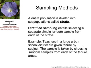 Sampling Methods A entire population is divided into subpopulations called  strata .  Stratified sampling  entails selecting a separate simple random sample from each of the strata. Example: Teachers in a large urban school district are given tenure by subject. The sample is taken by choosing  random samples from each of the tenure areas. 