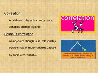 Correlation
A relationship by which two or more
variables change together
Spurious correlation
An apparent, though false, relationship
between two or more variables caused
by some other variable
 