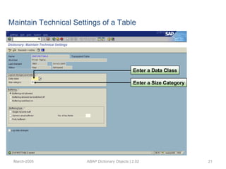 March-2005 ABAP Dictionary Objects | 2.02 21
Maintain Technical Settings of a Table
Enter a Size Category
Enter a Data Class
 