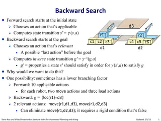 1	
  Dana	
  Nau	
  and	
  Vikas	
  Shivashankar:	
  Lecture	
  slides	
  for	
  Automated	
  Planning	
  and	
  Ac0ng	
   Updated	
  2/5/15	
  
Backward	
  Search	
  
●  Forward search starts at the initial state
Ø  Chooses an action that’s applicable
Ø  Computes state transition s′ = γ (s,a)
●  Backward search starts at the goal
Ø  Chooses an action that’s relevant
•  A possible “last action” before the goal
Ø  Computes inverse state transition g′ = γ –1(g,a)
•  g′ = properties a state s′ should satisfy in order for γ (s′,a) to satisfy g
●  Why would we want to do this?
●  One possibility: sometimes has a lower branching factor
Ø  Forward: 10 applicable actions
•  for each robot, two move actions and three load actions	
  
Ø  Backward: g = {loc(r1)=d3}
Ø  2 relevant actions: move(r1,d1,d3),	
  move(r1,d2,d3)	
  
•  Can eliminate move(r1,d2,d3); it requires a rigid condition that’s false	
  
	
  	
  	
  	
  	
  	
  	
  	
  	
  	
  	
  	
  	
  d2	
  	
  	
  	
  	
  	
  	
  	
  	
  	
  	
  	
  	
  	
  d1	
  
d3
r1	
  
c1	
  
r2	
  
c2	
   c3	
   c4	
   c5	
   c6	
  
 