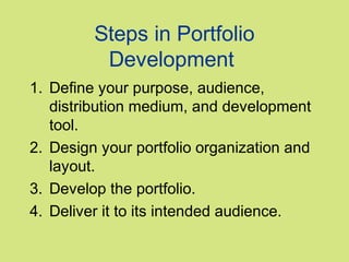 Steps in Portfolio
Development
1. Define your purpose, audience,
distribution medium, and development
tool.
2. Design your portfolio organization and
layout.
3. Develop the portfolio.
4. Deliver it to its intended audience.

 