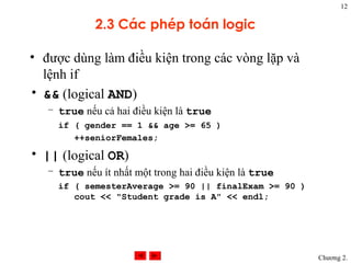 12

             2.3 Các phép toán logic

• được dùng làm điều kiện trong các vòng lặp và
  lệnh if
• && (logical AND)
   – true nếu cả hai điều kiện là true
     if ( gender == 1 && age >= 65 )
        ++seniorFemales;
• || (logical OR)
   – true nếu ít nhất một trong hai điều kiện là true
     if ( semesterAverage >= 90 || finalExam >= 90 )
        cout << "Student grade is A" << endl;




                                                        Chương 2.
 