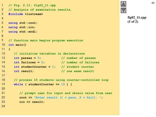 48
1    // Fig. 2.11: fig02_11.cpp
2    // Analysis of examination results.
3    #include <iostream>
4                                                                fig02_11.cpp
5    using std::cout;                                            (1 of 2)
6    using std::cin;
7    using std::endl;
8
9    // function main begins program execution
10   int main()
11   {
12      // initialize variables in declarations
13      int passes = 0;           // number of passes
14      int failures = 0;         // number of failures
15      int studentCounter = 1;   // student counter
16      int result;               // one exam result
17
18      // process 10 students using counter-controlled loop
19      while ( studentCounter <= 10 ) {
20
21         // prompt user for input and obtain value from user
22         cout << "Enter result (1 = pass, 2 = fail): ";
23         cin >> result;
24
 