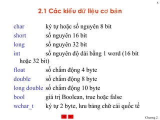 5

         2.1 Các kiể u dữ liệ u cơ bả n

char         ký tự hoặc số nguyên 8 bit
short        số nguyên 16 bit
long         số nguyên 32 bit
int          số nguyên độ dài bằng 1 word (16 bit
   hoặc 32 bit)
float        số chấm động 4 byte
double       số chấm động 8 byte
long double số chấm động 10 byte
bool         giá trị Boolean, true hoặc false
wchar_t      ký tự 2 byte, lưu bảng chữ cái quốc tế
                                                      Chương 2.
 