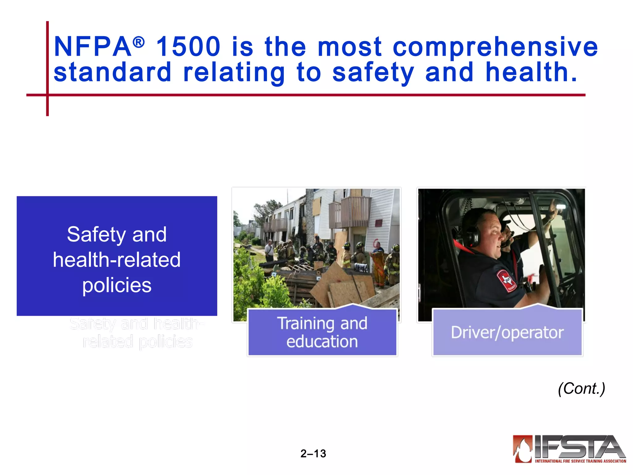 NFPA®
1500 is the most comprehensive
standard relating to safety and health.
2–13
(Cont.)
Safety and
health-related
policies
 