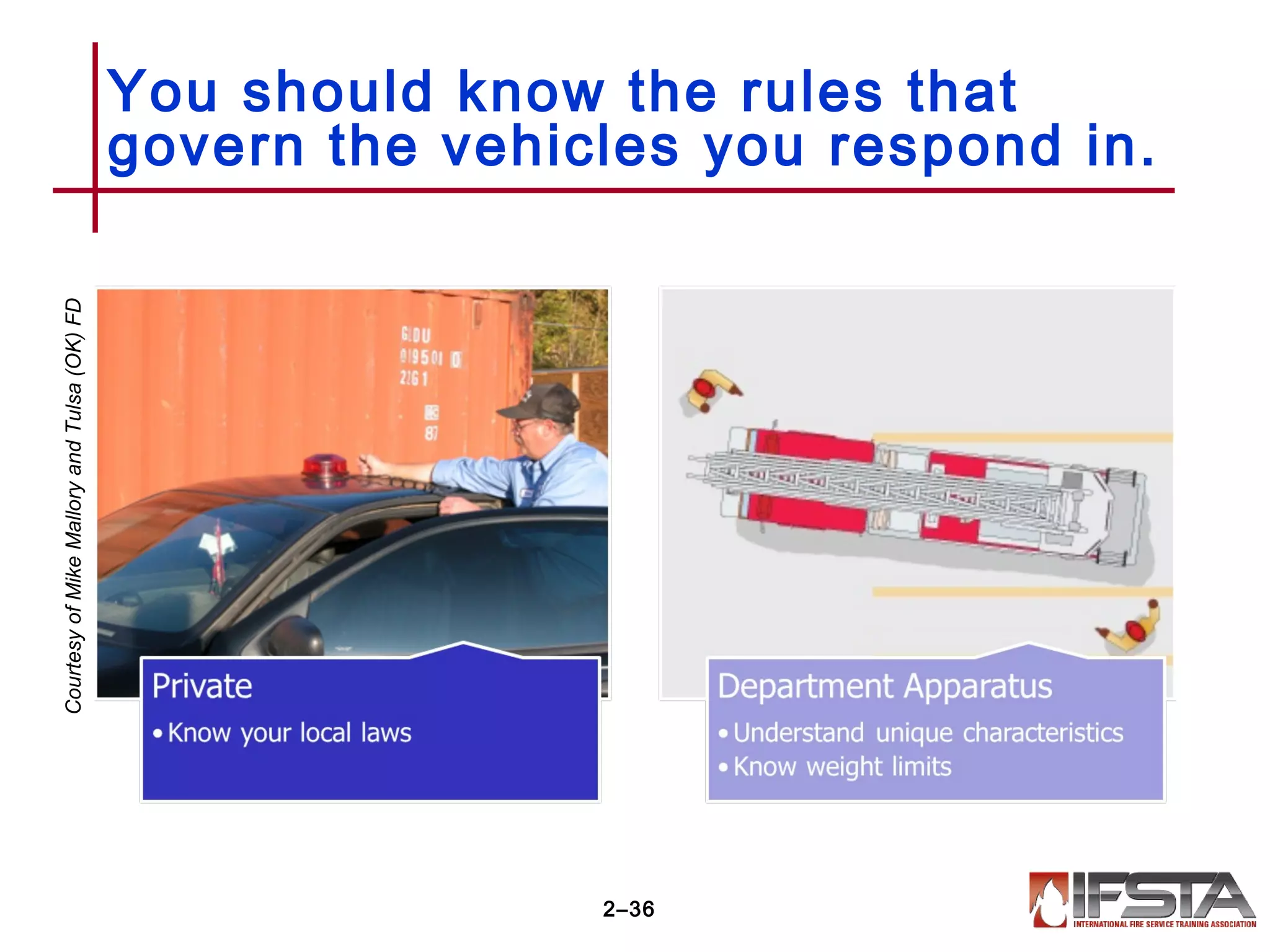 You should know the rules that
govern the vehicles you respond in.
2–36
CourtesyofMikeMalloryandTulsa(OK)FD
 