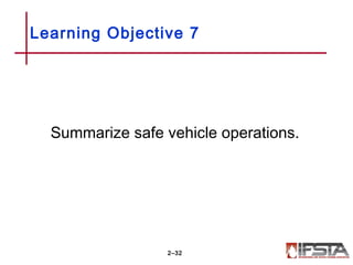 Learning Objective 7
Summarize safe vehicle operations.
2–32
 