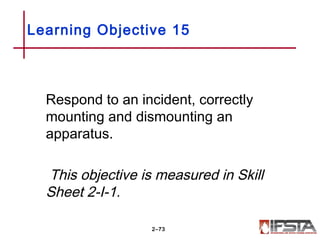 Respond to an incident, correctly
mounting and dismounting an
apparatus.
This objective is measured in Skill
Sheet 2-I-1.
Learning Objective 15
2–73
 