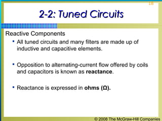 © 2008 The McGraw-Hill Companies
18
2-2: Tuned Circuits2-2: Tuned Circuits
Reactive Components
 All tuned circuits and many filters are made up of
inductive and capacitive elements.
 Opposition to alternating-current flow offered by coils
and capacitors is known as reactance.
 Reactance is expressed in ohms (Ω).
 