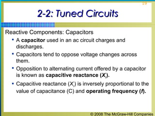 © 2008 The McGraw-Hill Companies
19
2-2: Tuned Circuits2-2: Tuned Circuits
Reactive Components: Capacitors
 A capacitor used in an ac circuit charges and
discharges.
 Capacitors tend to oppose voltage changes across
them.
 Opposition to alternating current offered by a capacitor
is known as capacitive reactance (Xc).
 Capacitive reactance (Xc) is inversely proportional to the
value of capacitance (C) and operating frequency (f).
 