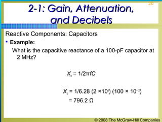 © 2008 The McGraw-Hill Companies
20
2-1: Gain, Attenuation,2-1: Gain, Attenuation,
and Decibelsand Decibels
Reactive Components: Capacitors
 Example:
What is the capacitive reactance of a 100-pF capacitor at
2 MHz?
Xc = 1/2πfC
Xc = 1/6.28 (2 ×106
) (100 × 10−12
)
= 796.2 Ω
 