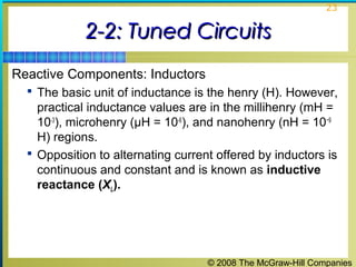 © 2008 The McGraw-Hill Companies
23
2-2: Tuned Circuits2-2: Tuned Circuits
Reactive Components: Inductors
 The basic unit of inductance is the henry (H). However,
practical inductance values are in the millihenry (mH =
10-3
), microhenry (μH = 10-6
), and nanohenry (nH = 10−9
H) regions.
 Opposition to alternating current offered by inductors is
continuous and constant and is known as inductive
reactance (XL).
 
