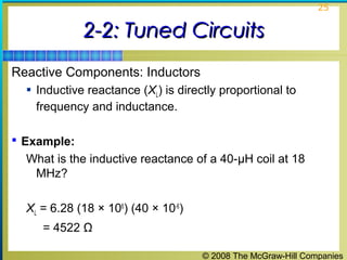 © 2008 The McGraw-Hill Companies
25
2-2: Tuned Circuits2-2: Tuned Circuits
Reactive Components: Inductors
 Inductive reactance (XL) is directly proportional to
frequency and inductance.
 Example:
What is the inductive reactance of a 40-μH coil at 18
MHz?
XL = 6.28 (18 × 106
) (40 × 10-6
)
= 4522 Ω
 
