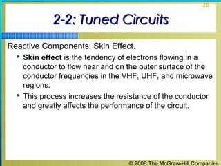 © 2008 The McGraw-Hill Companies
28
2-2: Tuned Circuits2-2: Tuned Circuits
Reactive Components: Skin Effect.
 Skin effect is the tendency of electrons flowing in a
conductor to flow near and on the outer surface of the
conductor frequencies in the VHF, UHF, and microwave
regions.
 This process increases the resistance of the conductor
and greatly affects the performance of the circuit.
 