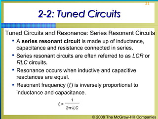 © 2008 The McGraw-Hill Companies
31
2-2: Tuned Circuits2-2: Tuned Circuits
Tuned Circuits and Resonance: Series Resonant Circuits
 A series resonant circuit is made up of inductance,
capacitance and resistance connected in series.
 Series resonant circuits are often referred to as LCR or
RLC circuits.
 Resonance occurs when inductive and capacitive
reactances are equal.
 Resonant frequency (fr) is inversely proportional to
inductance and capacitance.
fr =
1
2π√LC
 