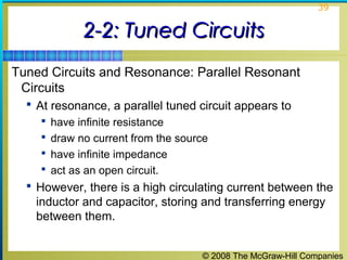 © 2008 The McGraw-Hill Companies
39
2-2: Tuned Circuits2-2: Tuned Circuits
Tuned Circuits and Resonance: Parallel Resonant
Circuits
 At resonance, a parallel tuned circuit appears to
 have infinite resistance
 draw no current from the source
 have infinite impedance
 act as an open circuit.
 However, there is a high circulating current between the
inductor and capacitor, storing and transferring energy
between them.
 
