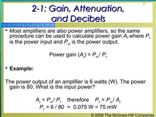 © 2008 The McGraw-Hill Companies
6
2-1: Gain, Attenuation,2-1: Gain, Attenuation,
and Decibelsand Decibels
 Most amplifiers are also power amplifiers, so the same
procedure can be used to calculate power gain AP where Pin
is the power input and Pout is the power output.
Power gain (Ap) = Pout / Pin
 Example:
The power output of an amplifier is 6 watts (W). The power
gain is 80. What is the input power?
Ap = Pout/ Pin therefore Pin = Pout / Ap
Pin = 6 / 80 = 0.075 W = 75 mW
 