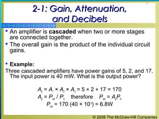 © 2008 The McGraw-Hill Companies
7
2-1: Gain, Attenuation,2-1: Gain, Attenuation,
and Decibelsand Decibels
 An amplifier is cascaded when two or more stages
are connected together.
 The overall gain is the product of the individual circuit
gains.
 Example:
Three cascaded amplifiers have power gains of 5, 2, and 17.
The input power is 40 mW. What is the output power?
Ap = A1 × A2 × A3 = 5 × 2 × 17 = 170
Ap = Pout / Pin therefore Pout = ApPin
Pout = 170 (40 × 10-3
) = 6.8W
 