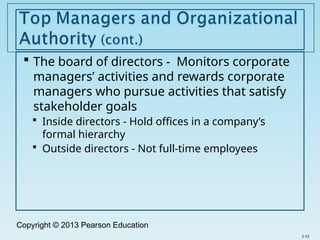 Copyright © 2013 Pearson Education
 The board of directors - Monitors corporate
managers’ activities and rewards corporate
managers who pursue activities that satisfy
stakeholder goals
 Inside directors - Hold offices in a company’s
formal hierarchy
 Outside directors - Not full-time employees
2-12
 