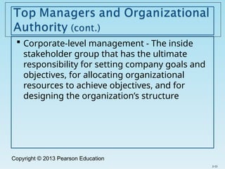 Copyright © 2013 Pearson Education
 Corporate-level management - The inside
stakeholder group that has the ultimate
responsibility for setting company goals and
objectives, for allocating organizational
resources to achieve objectives, and for
designing the organization’s structure
2-13
 
