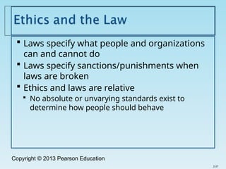 Copyright © 2013 Pearson Education
 Laws specify what people and organizations
can and cannot do
 Laws specify sanctions/punishments when
laws are broken
 Ethics and laws are relative
 No absolute or unvarying standards exist to
determine how people should behave
2-27
 